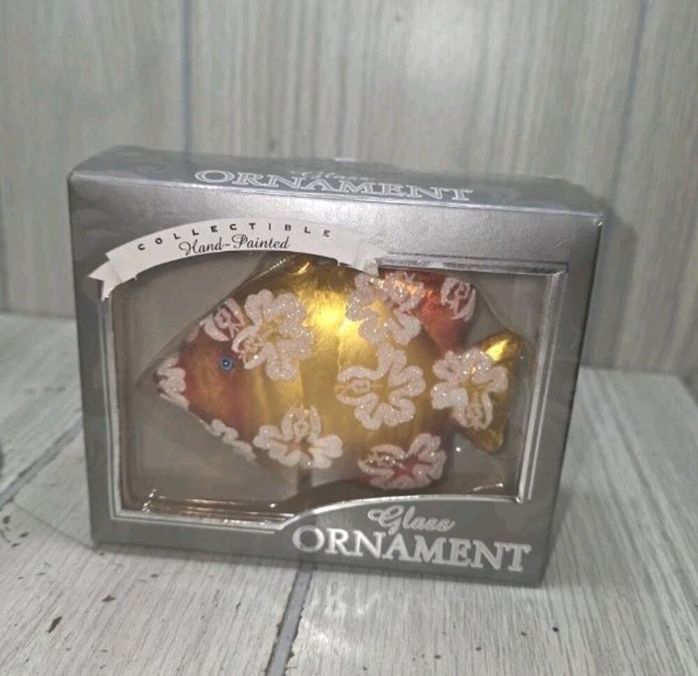 Vtg Hand Painted Island Heritage Hawaiian Fish Glass Christmas Ornament Floral